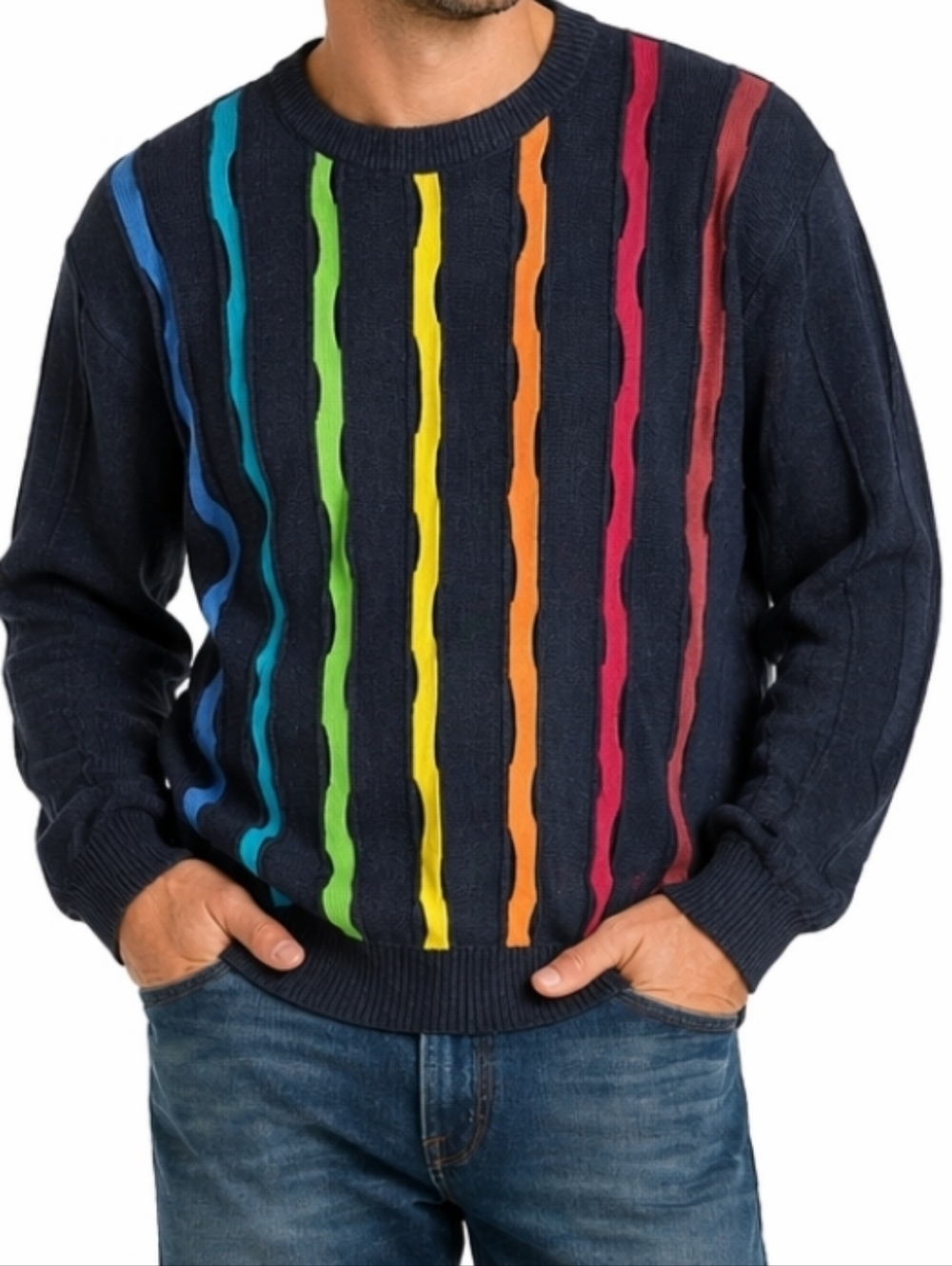 Vintage St. Croix Wool Blend Textured Knit Grey & Multi-Color Crew Neck Sweater